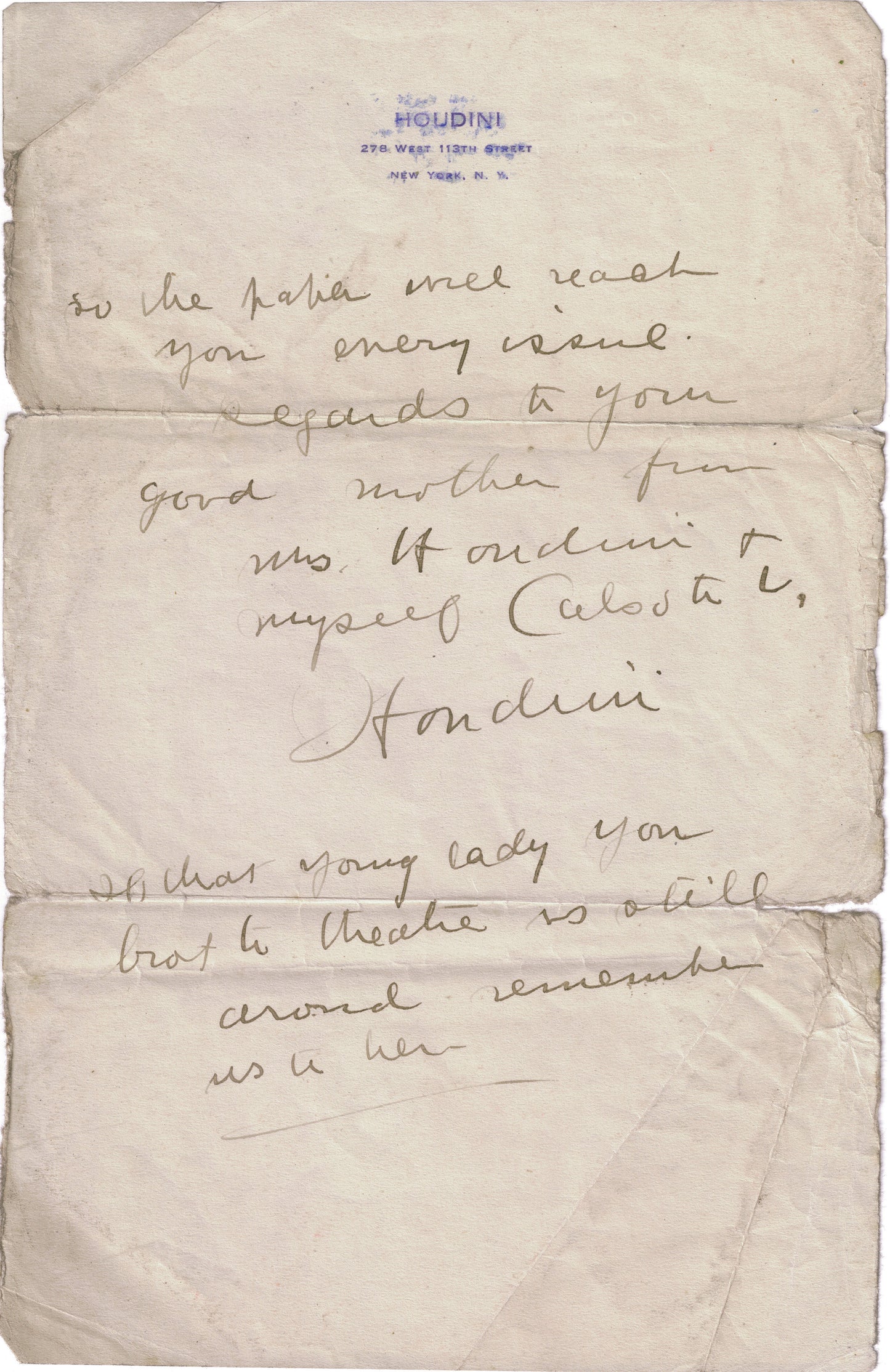 Harry Houdini Handwritten Word Cut from a Autograph Letter Signed Beckett BAS