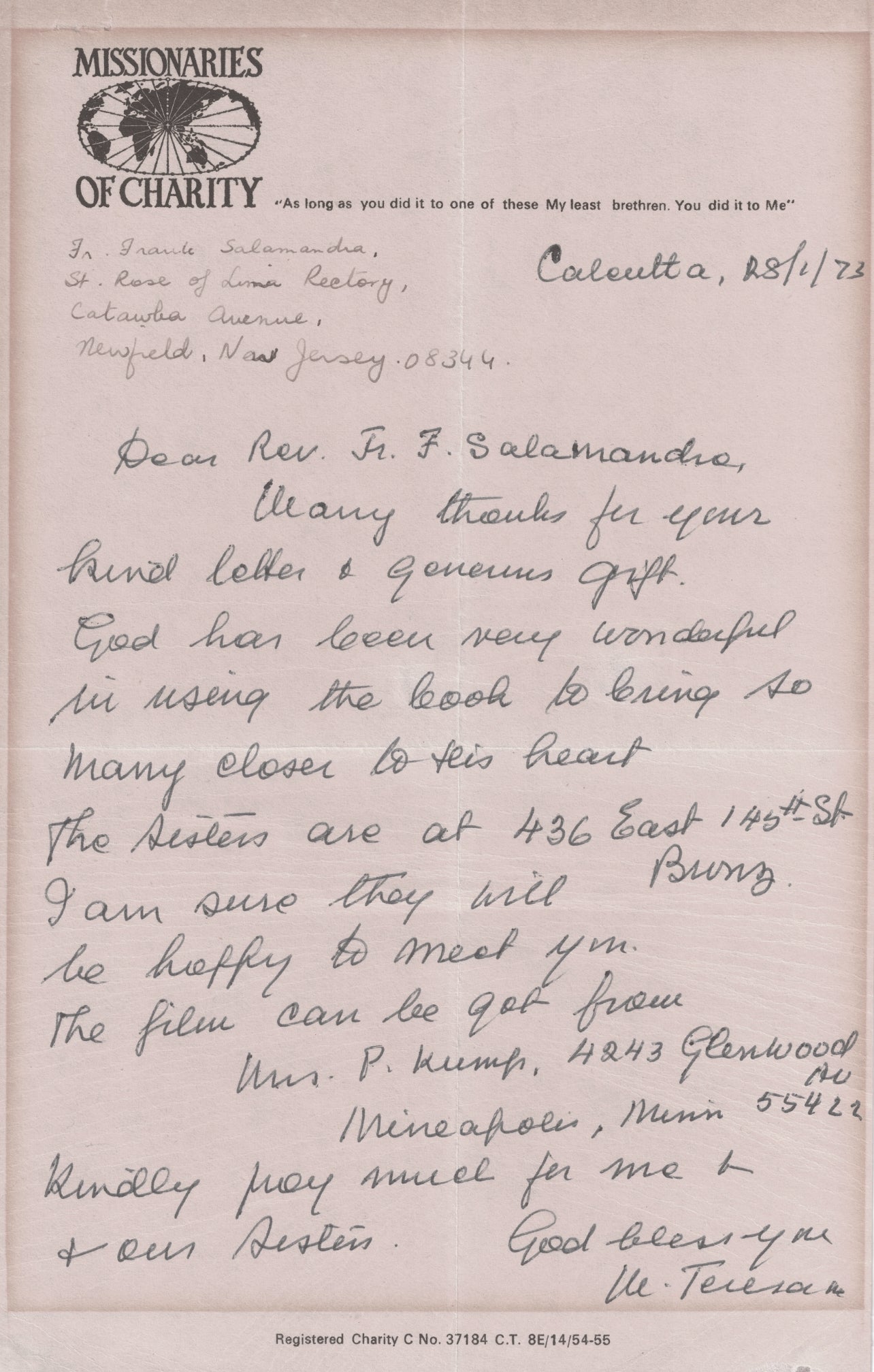 Mother Teresa Beckett Encapsulated Handwriting Removed from an Autograph Letter Signed
