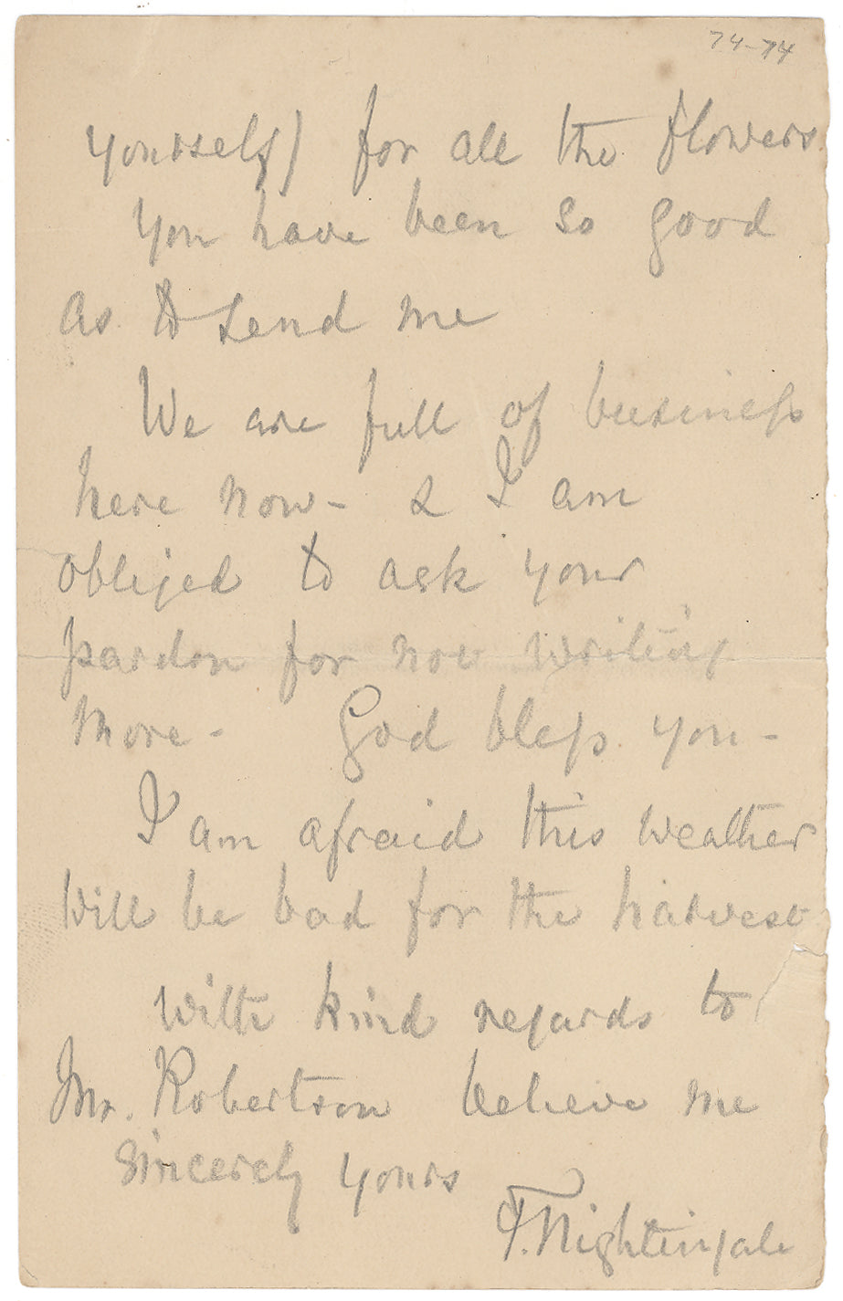 Florence Nightingale Beckett Encapsulated Handwriting Removed From an Autograph Letter Signed