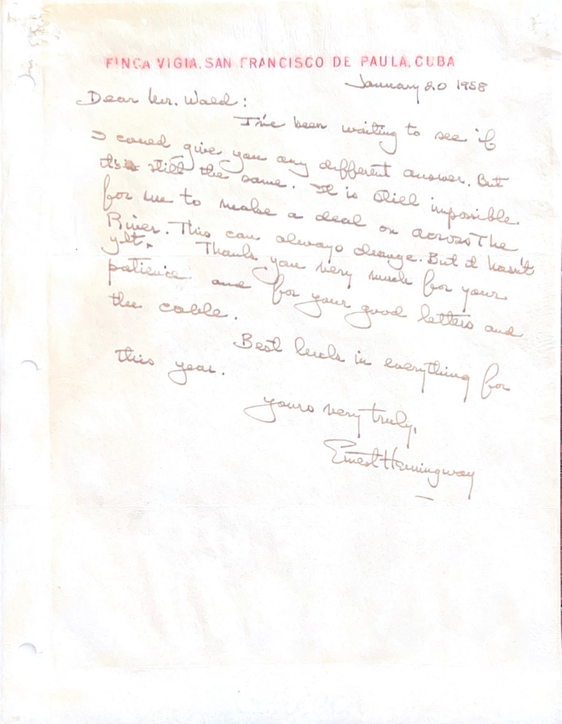 Ernest Hemingway Original Document