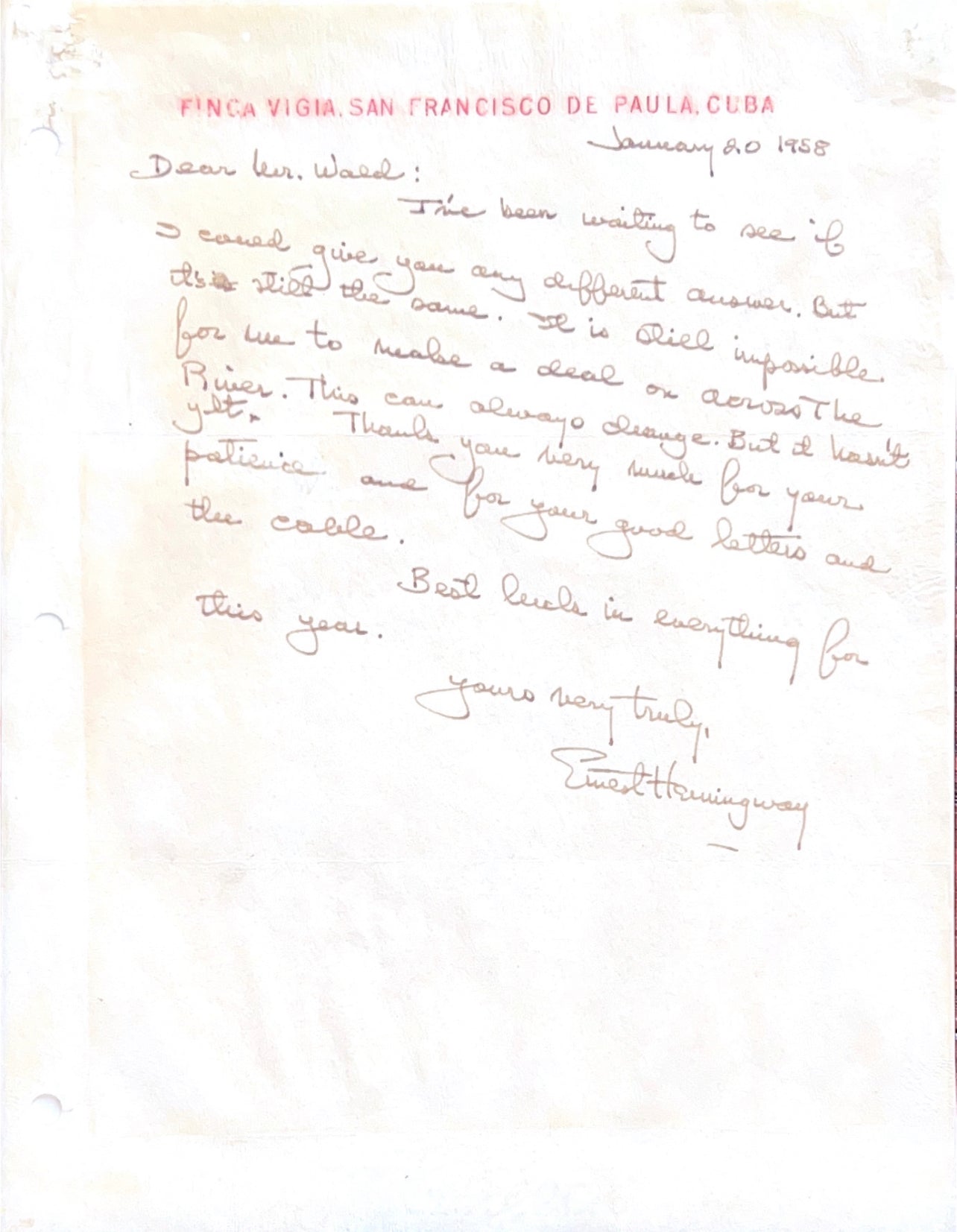 Ernest Hemingway Beckett Encapsulated Handwriting Removed from an Autograph Letter Signed