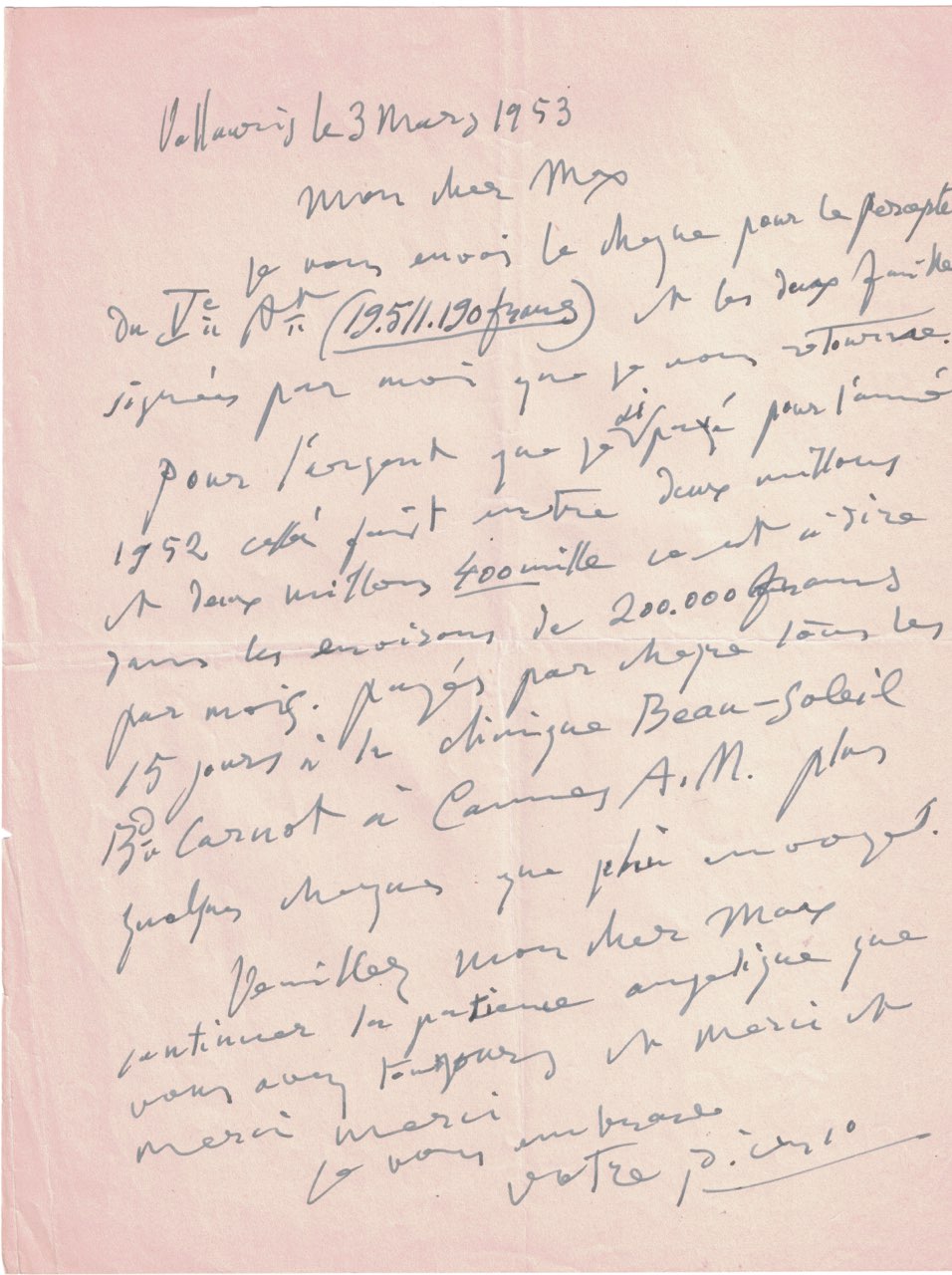Pablo Picasso Beckett Encapsulated Handwriting Removed from an Autograph Document Signed