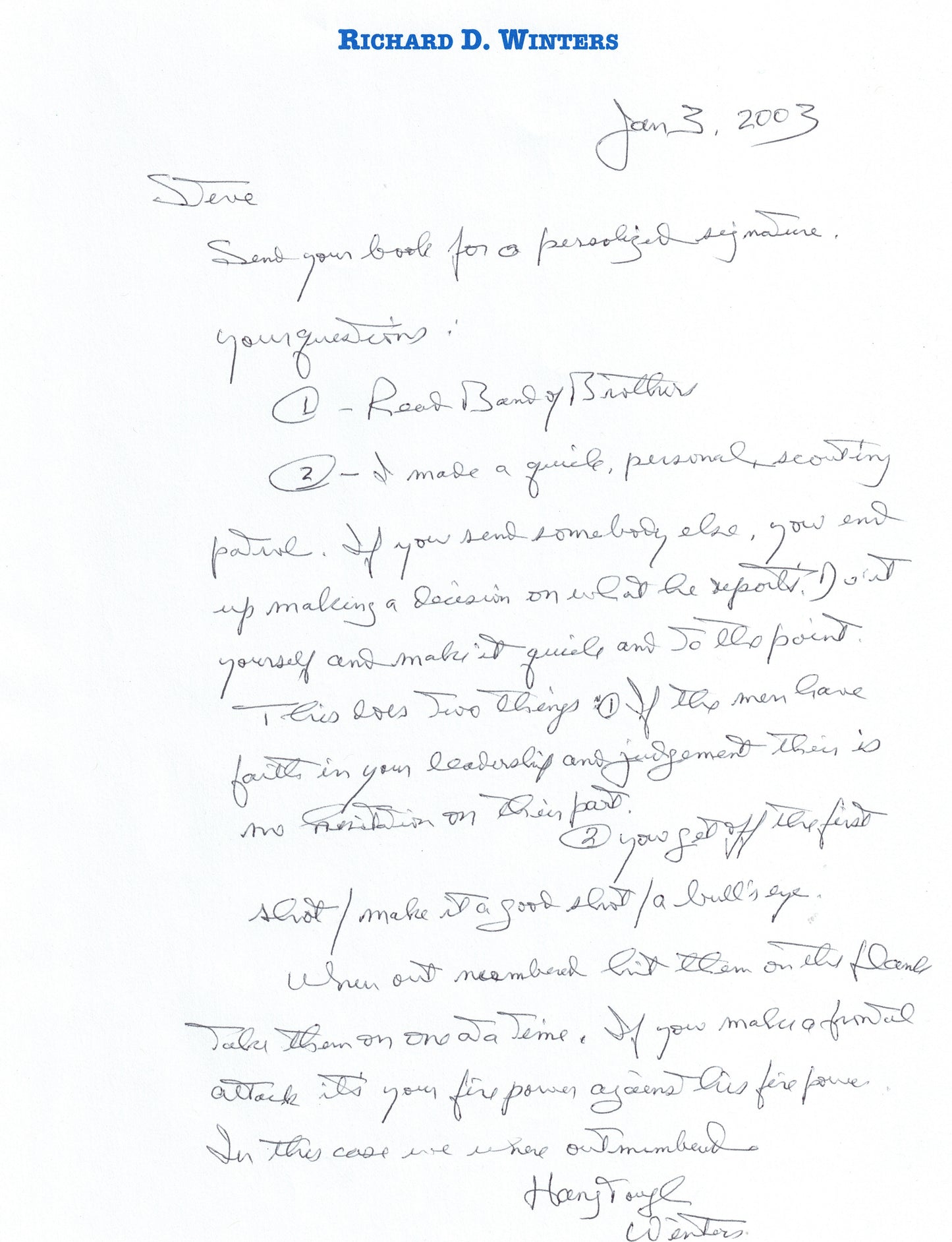 Dick Winters Beckett Handwriting Cut from BAND OF BROTHERS Autograph Letter Signed